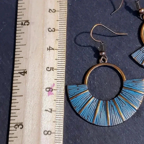 Antique Copper Verdigris Blue Green Patina Round Geometric Open Fan Earrings - Picture 7 of 7